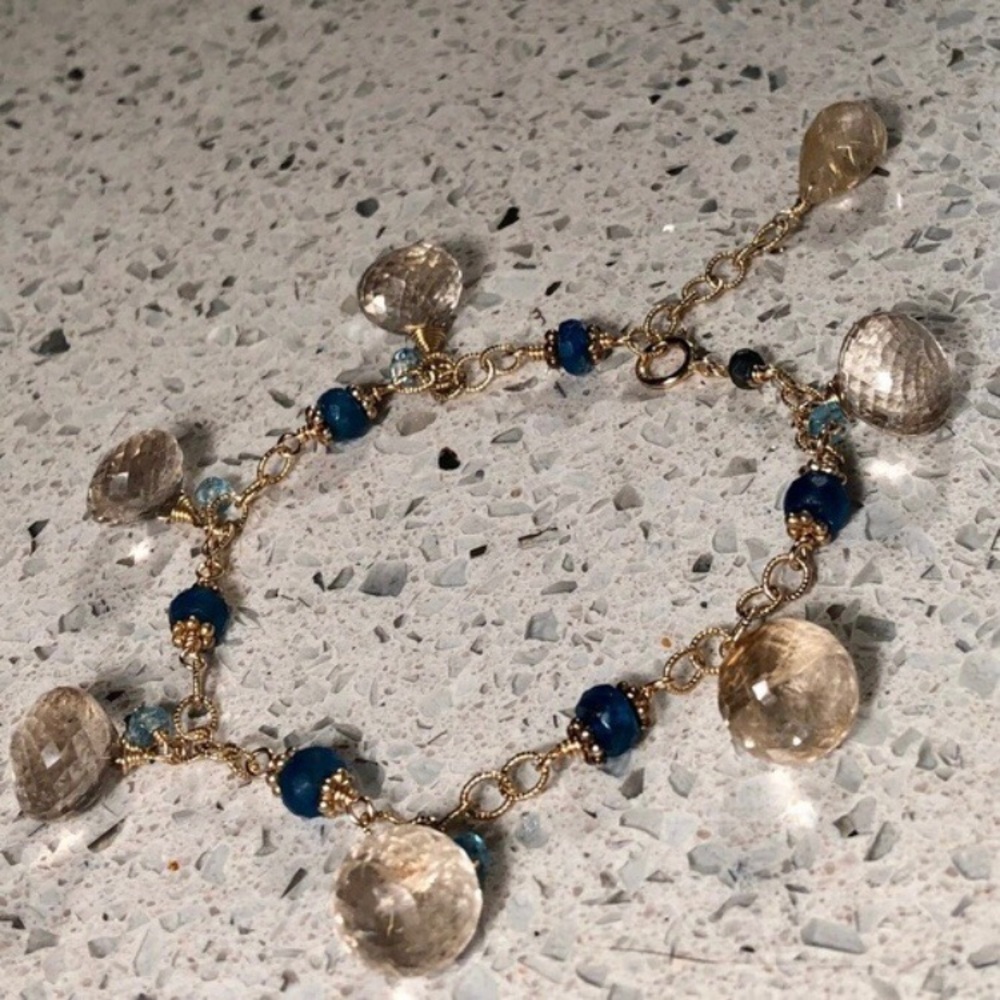 New Genuine Natural Golden Rutilated Quartz Apatite Topaz Bracelet